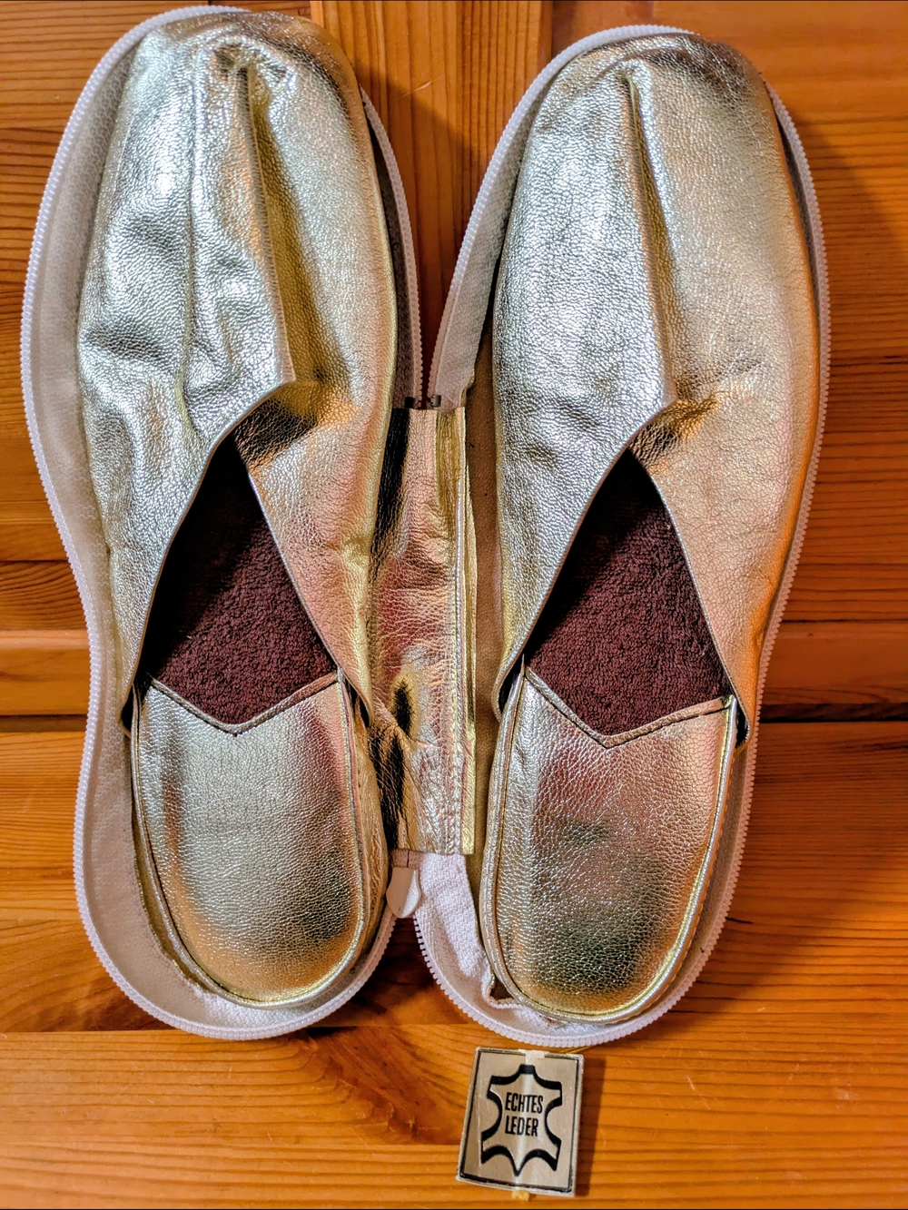 Gold Metallic Leather Travel Slippers In A Case